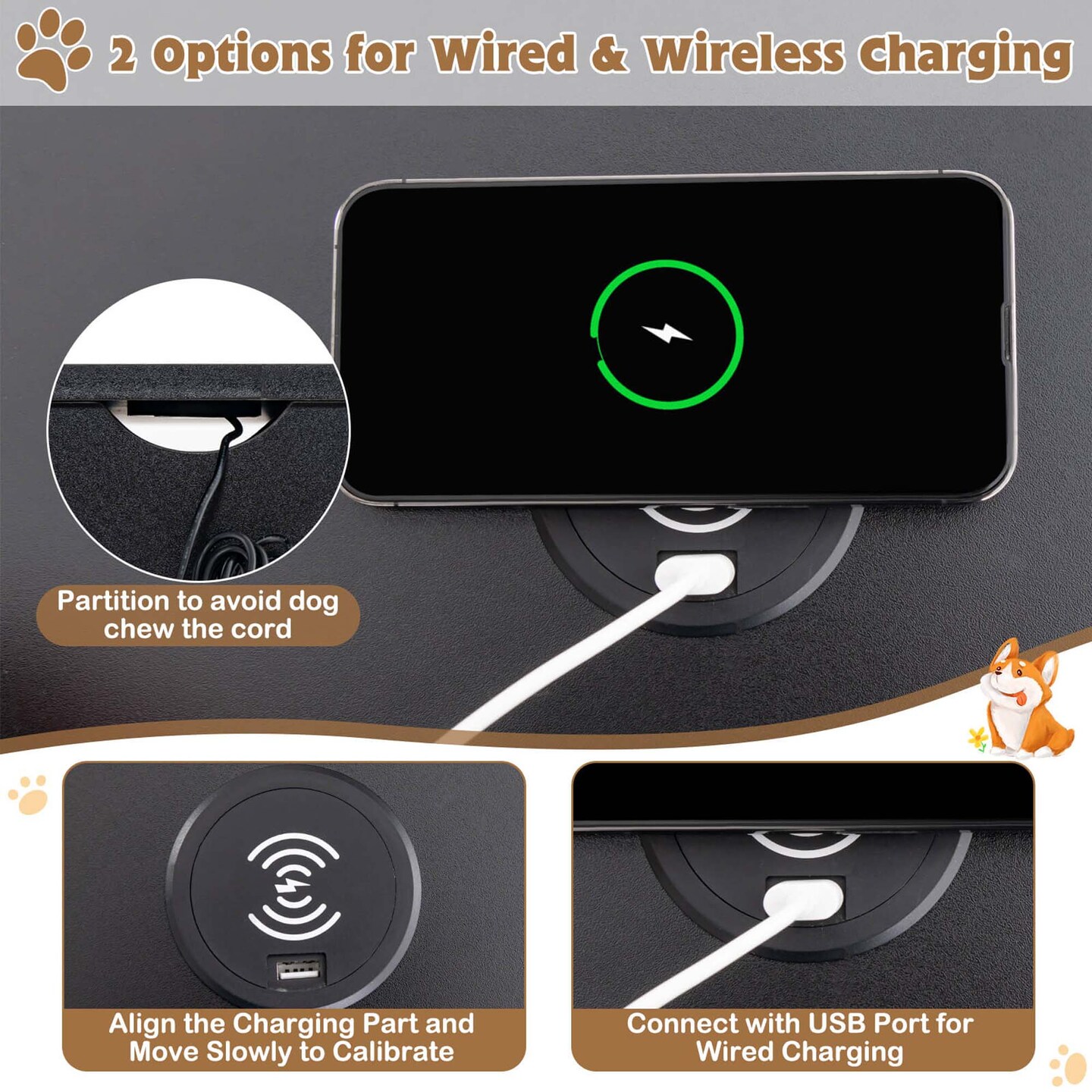 Costway 2-In-1 Furniture Dog Crate with Drawer Wired &#x26; Wireless Charging Side End Table Black/White/Rustic Brown