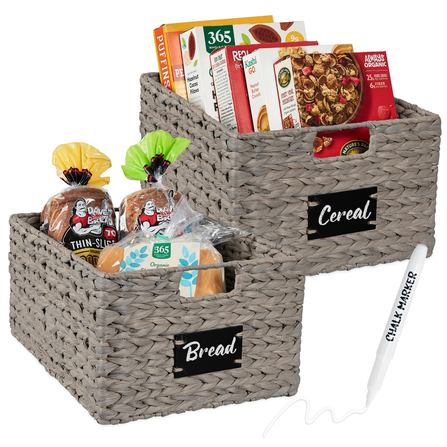 Best Choice Products Set of 2 16in Woven Water Hyacinth Pantry Baskets w/ Chalkboard Label, Chalk Marker