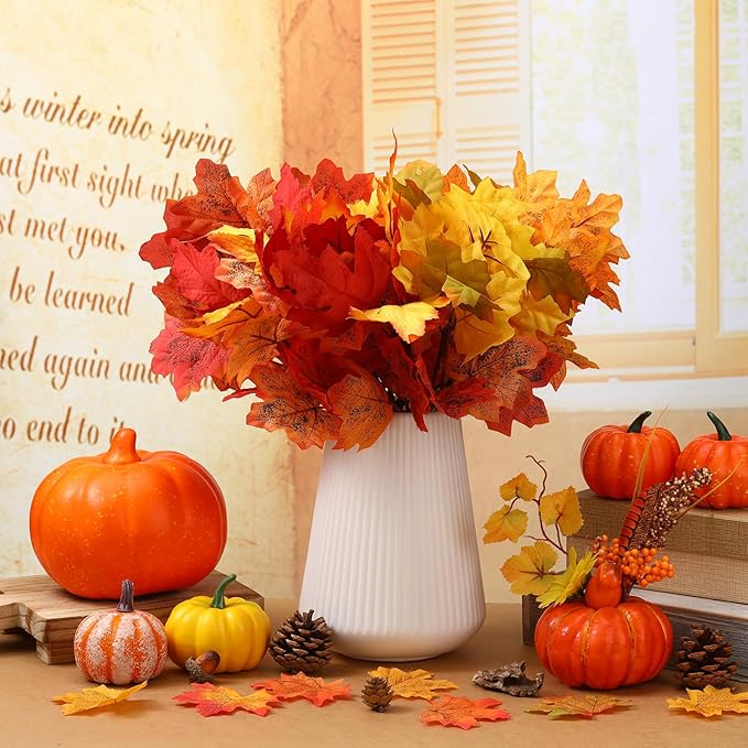 8 Pieces Artificial Maple Leaves Branches Faux Fall Fake Autumn Leaves for Thanksgiving Table Centerpieces Decoration (Novelty Style)