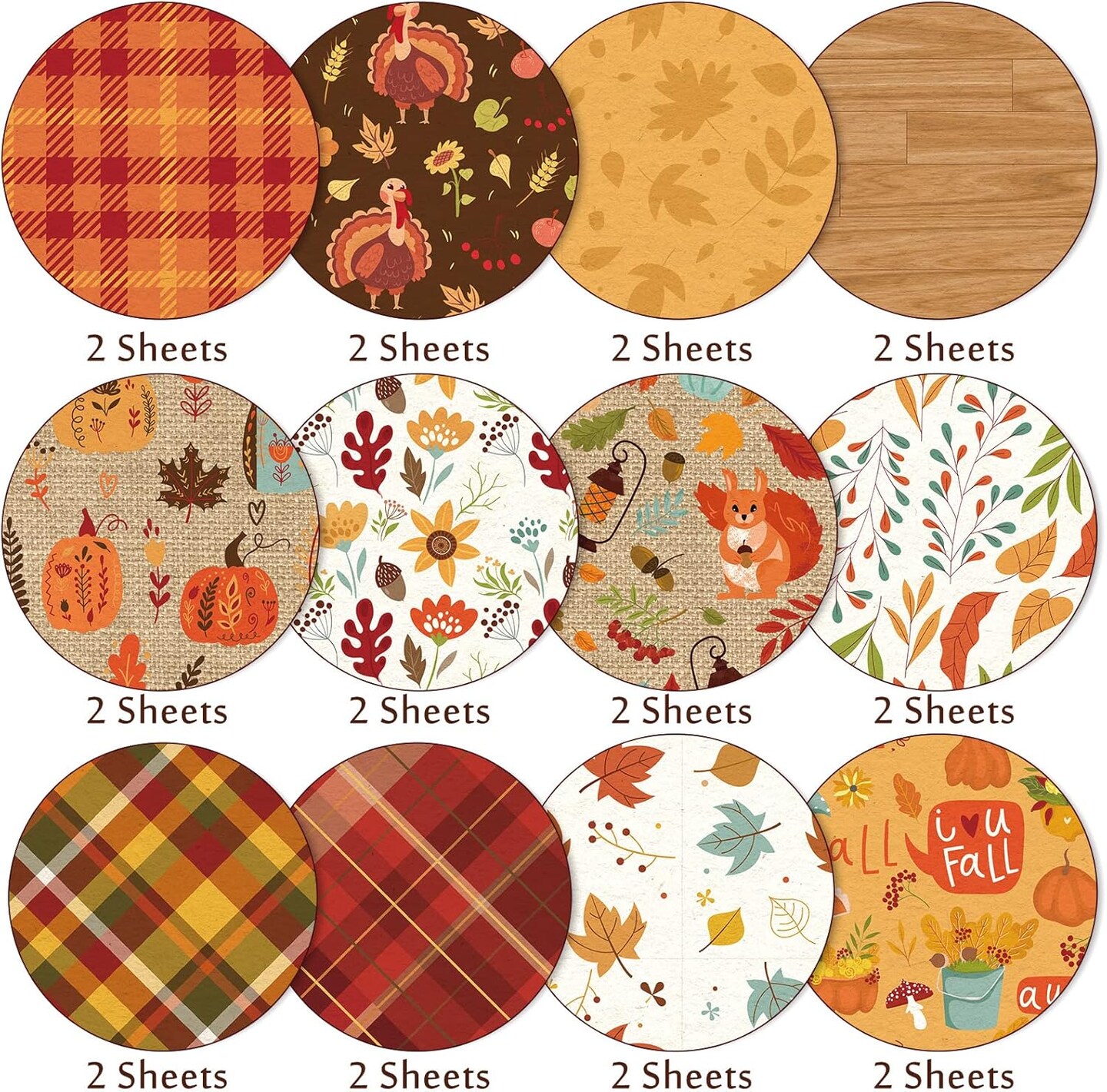 24 Pieces Fall Pattern Paper 30x30cm Colorful Fall Leaves Pumpkin Plaid Double-Sided Scrapbook Specialty Paper Folded Flat for DIY Decorative Background Card Making Photo Album Junk Journal Decor