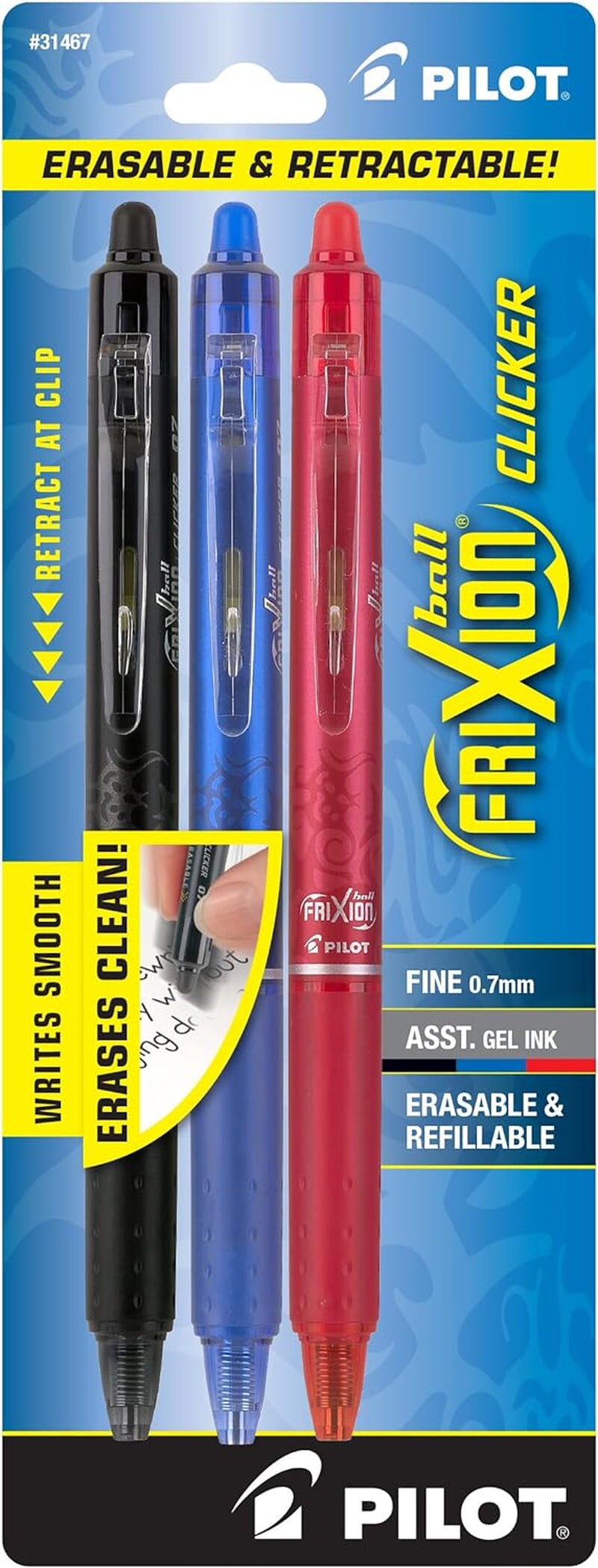 Frixion Clicker Erasable, Refillable &#x26; Retractable Gel Ink Pens, Fine Point, Black/Blue/Red Inks, 3-Pack (31467)