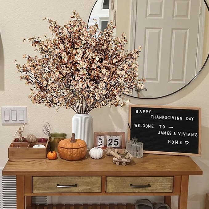 15 Artificial Flowers for Babies&#x27; Breath Gypsophila Bouquets Bulk Real Touch Fake Silk Flowers for Home DIY Floral Arrangement Table Centerpiece Autumn Thanksgiving Decoration (Skin Brown)