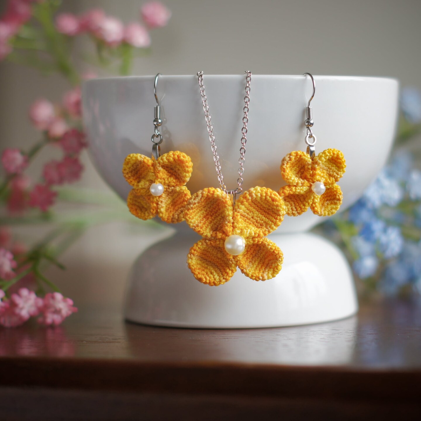 Yellow Crochet Flower Necklace and Earrings with Stainless Steel