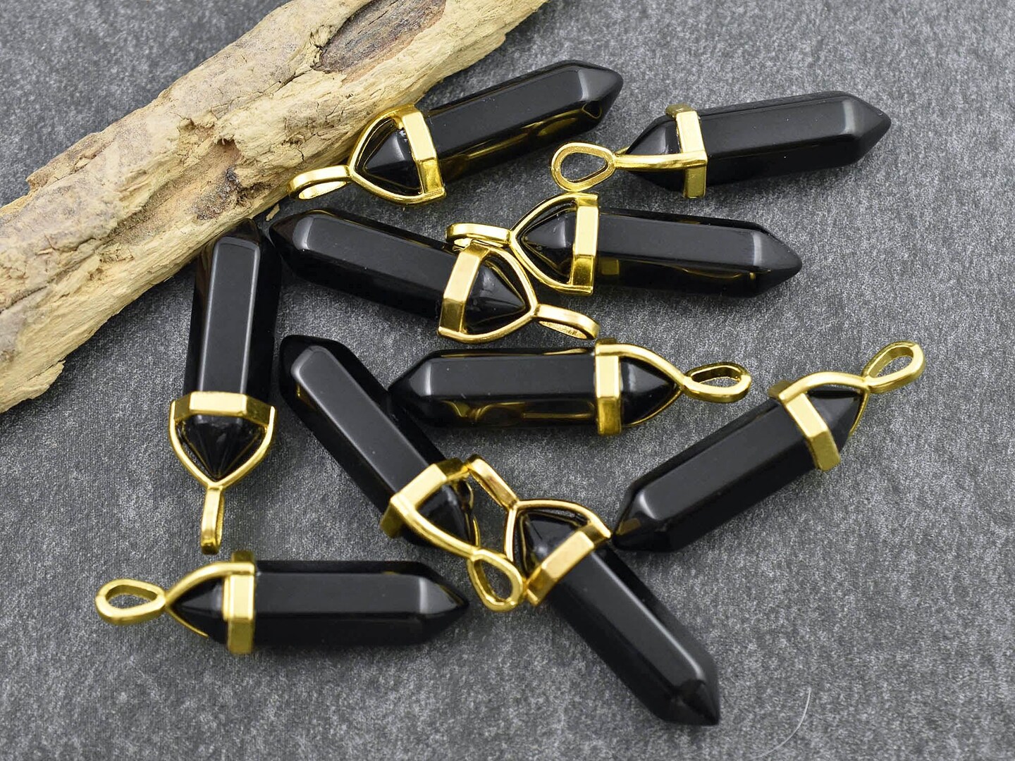40mm Gold Tone Natural Black Obsidian Double Terminated Bullet Pendant
