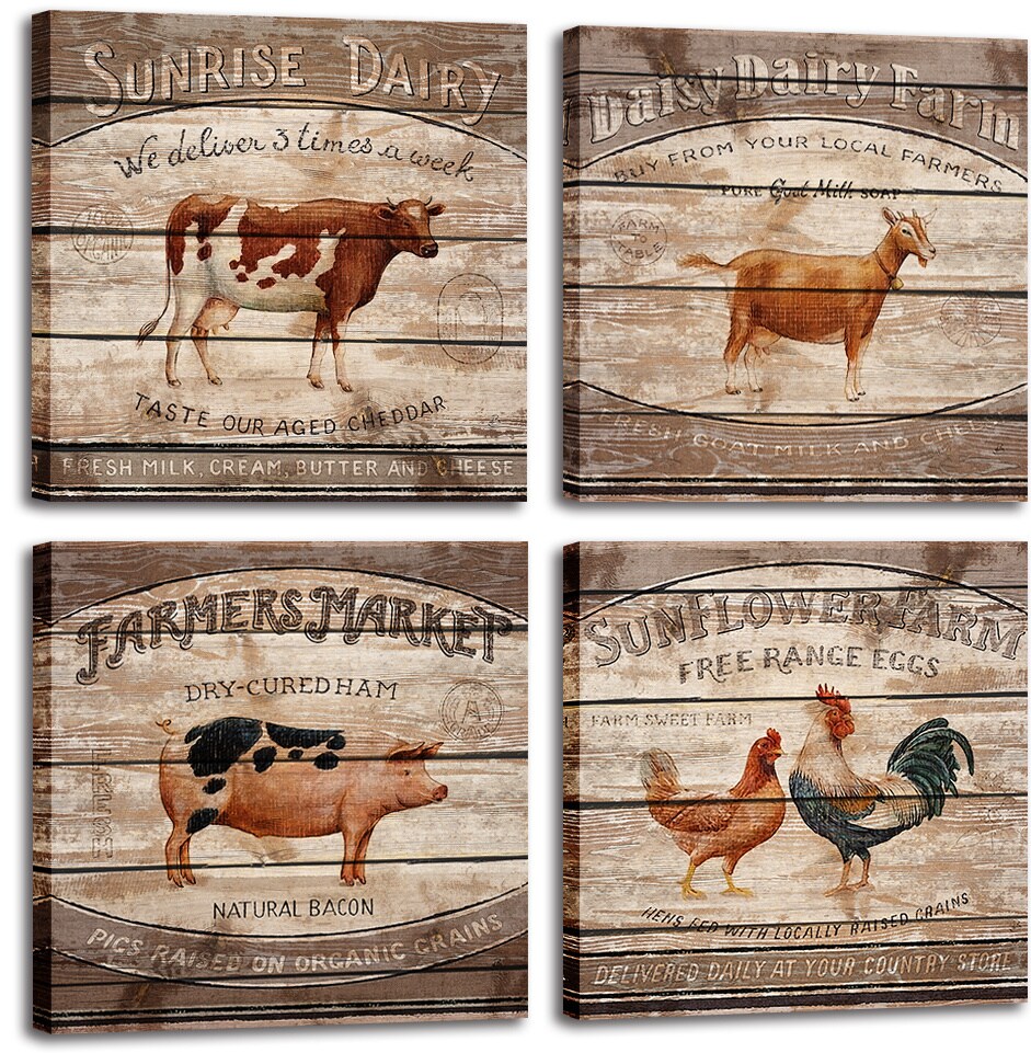 Animal Farm Canvas Wall Art - Cattle, Pig, Chickens Pictures - Retro Painting for Living Room and Dining Room Decor