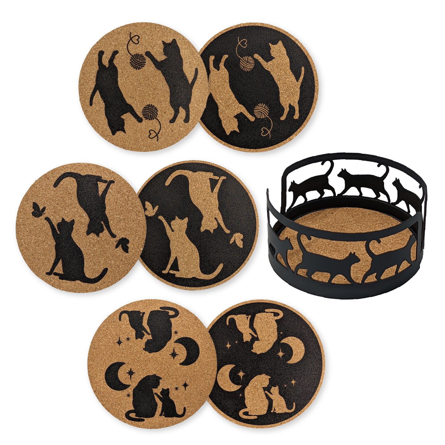 Mango Steam Set of Six Cat Cork Coasters with Decorative Cork Holder