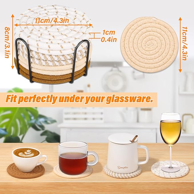 8 Pieces Drink Coasters with Holder, Minimalist Cotton Woven 4 Color Absorbent Coaster Set for Home Decor Tabletop Protection Suitable for a variety of cups, 4.3 inches.(NO.2)