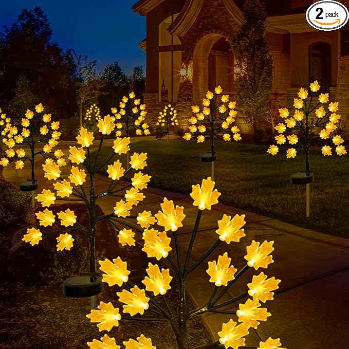 Fall Decorations Outdoor Solar Lights - 2PCS Artificial Lighted Maple Tree Thanksgiving Decor Lights with 40LED Orange Leaves Solar Thanksgiving Lights for Autumn Harvest Festival Outside Decor