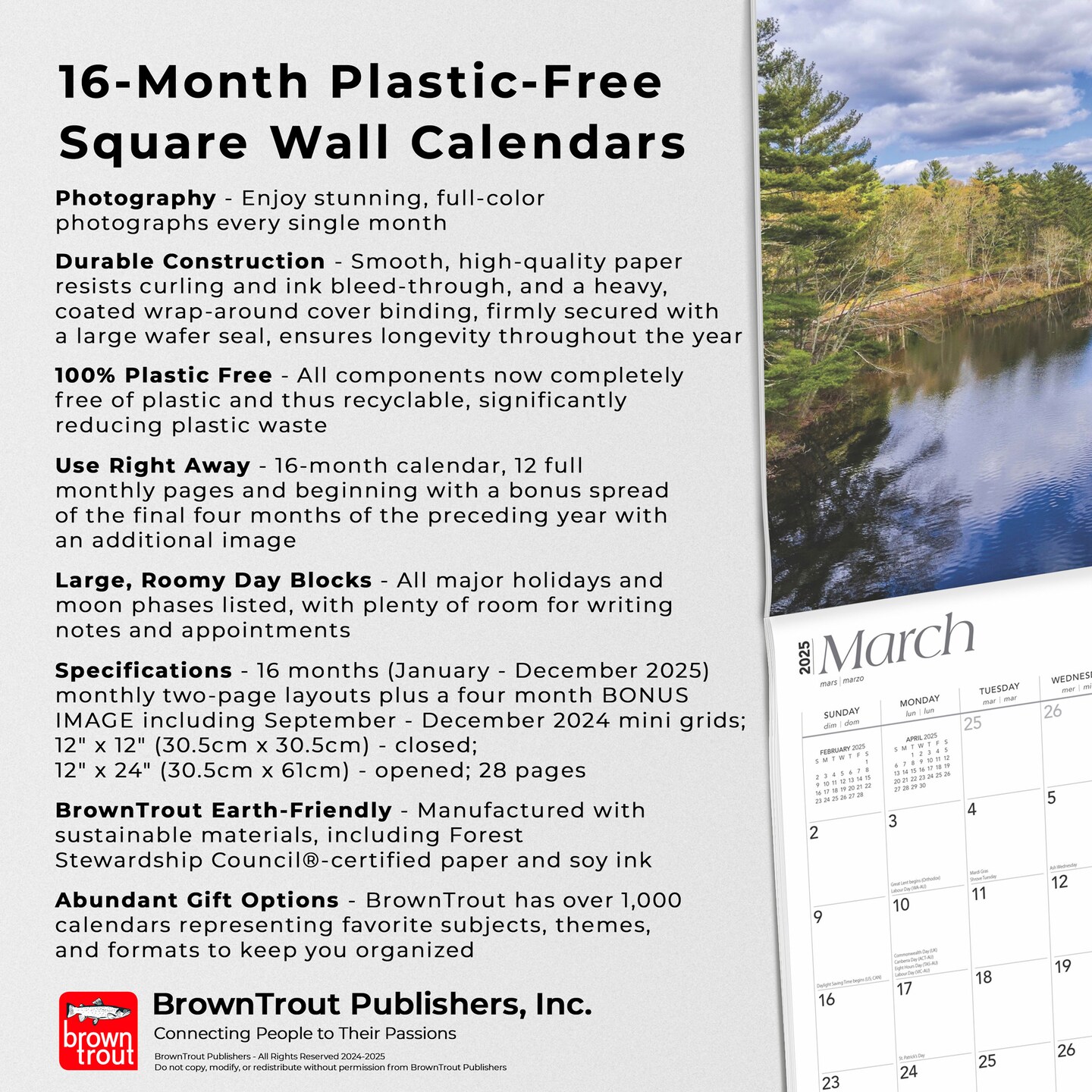 Connecticut Wild &#x26; Scenic | 2025 12 x 24 Inch Monthly Square Wall Calendar | Plastic-Free | BrownTrout | USA United States of America Northeast State Nature