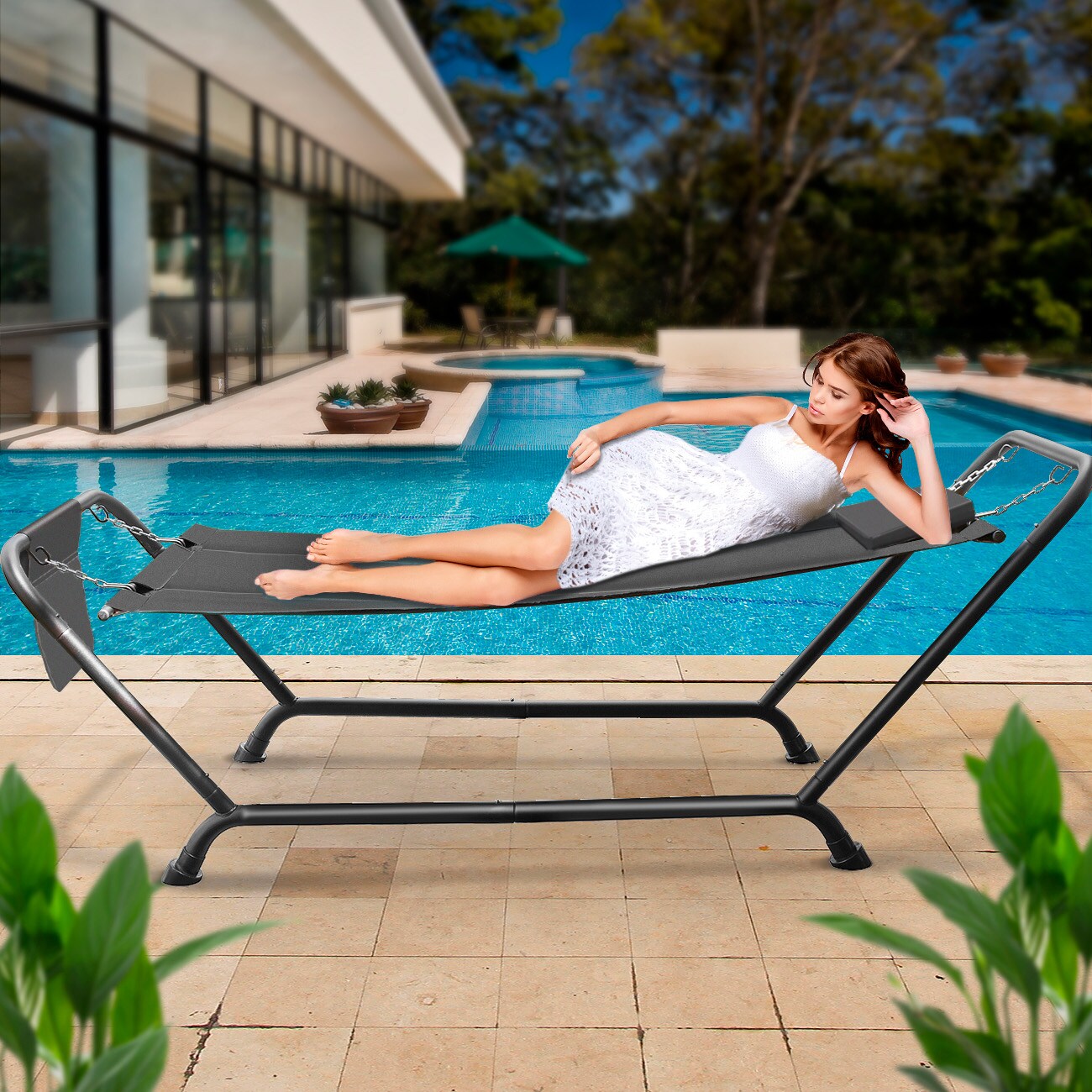 Sorbus Cozy Hammock Bed- Patio Hammock with Stand, Pillow and Storage Pockets- Heavy Duty 500lbs Support- Durable Outdoor Hammock