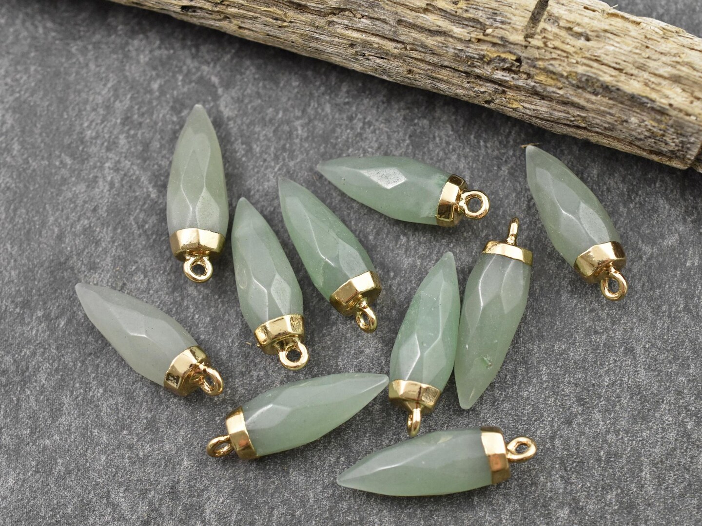 25-26mm Gold Tone Natural green Aventurine Pointed Bullet Pendant