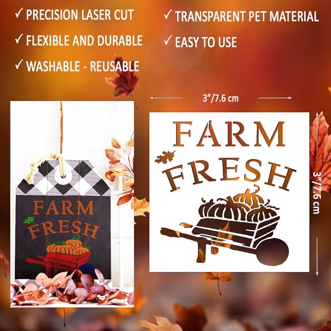 24 Pieces Fall Stencils for Painting on Wood 3&#x22; - Holiday and Fall Stencils for Crafts Reusable for DIY Decoration Ornaments Cards Signs Fabric Windows - Gnome, Pumpkin Farm, Fresh, and Hello Fall Stencil