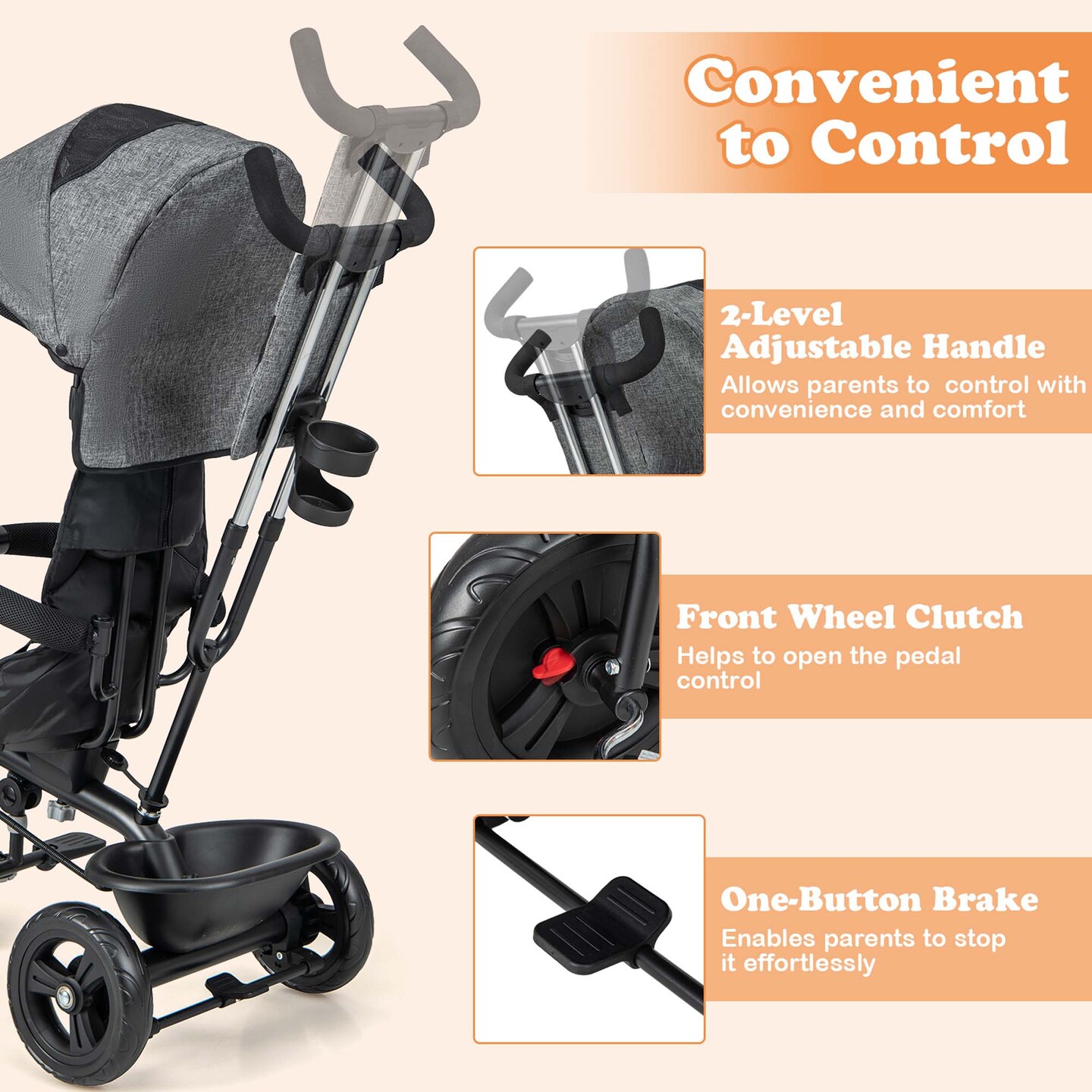 Babyjoy 4-in-1 Multifunctional Tricycle Kids Trike with Removable Canopy &#x26; Push Handle Black/Gray/Pink