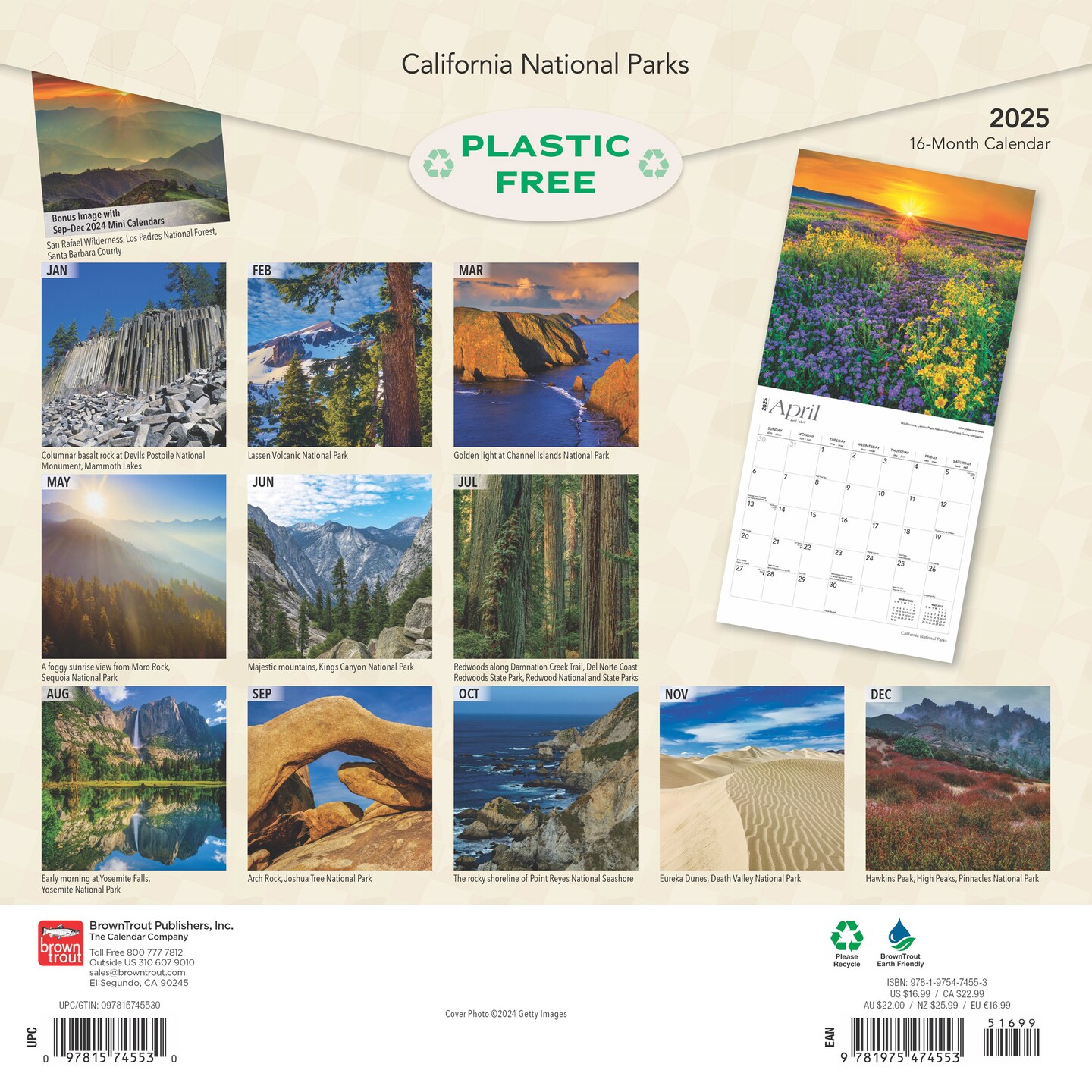 California National Parks | 2025 12 x 24 Inch Monthly Square Wall Calendar | Plastic-Free | BrownTrout | USA United States of America Pacific West State Nature