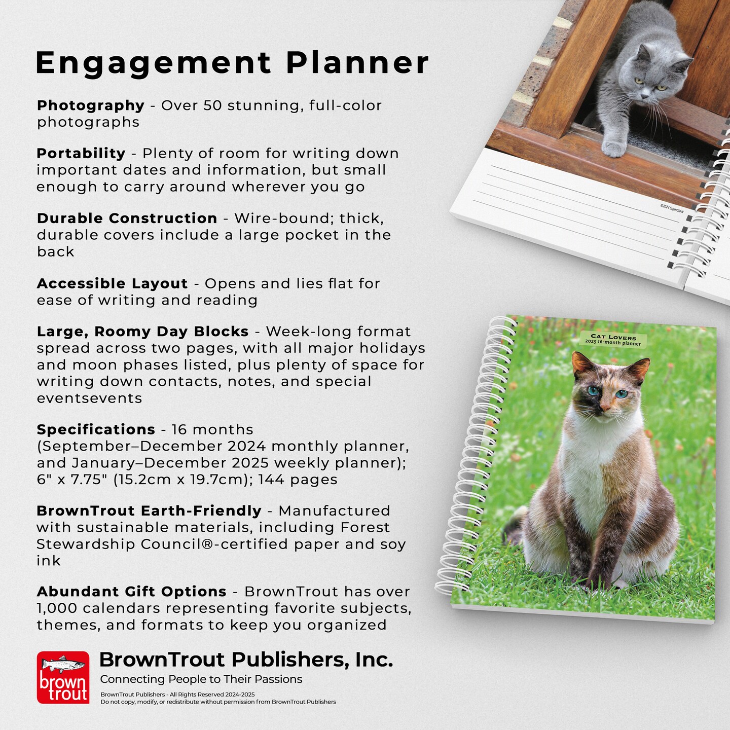 Cat Lovers | 2025 6 x 7.75 Inch Spiral-Bound Wire-O Weekly Engagement Planner Calendar | New Full-Color Image Every Week | BrownTrout | Animals Domestic Kittens Feline
