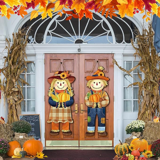 2 Pcs Fall Welcome Sign for Front Porch, Outdoor Thanksgiving Hanging Scarecrow Decorations Farmhouse Wooden Door Sign for Home Front Door Porch Wall Harvest, 10 x 27.5 inches.