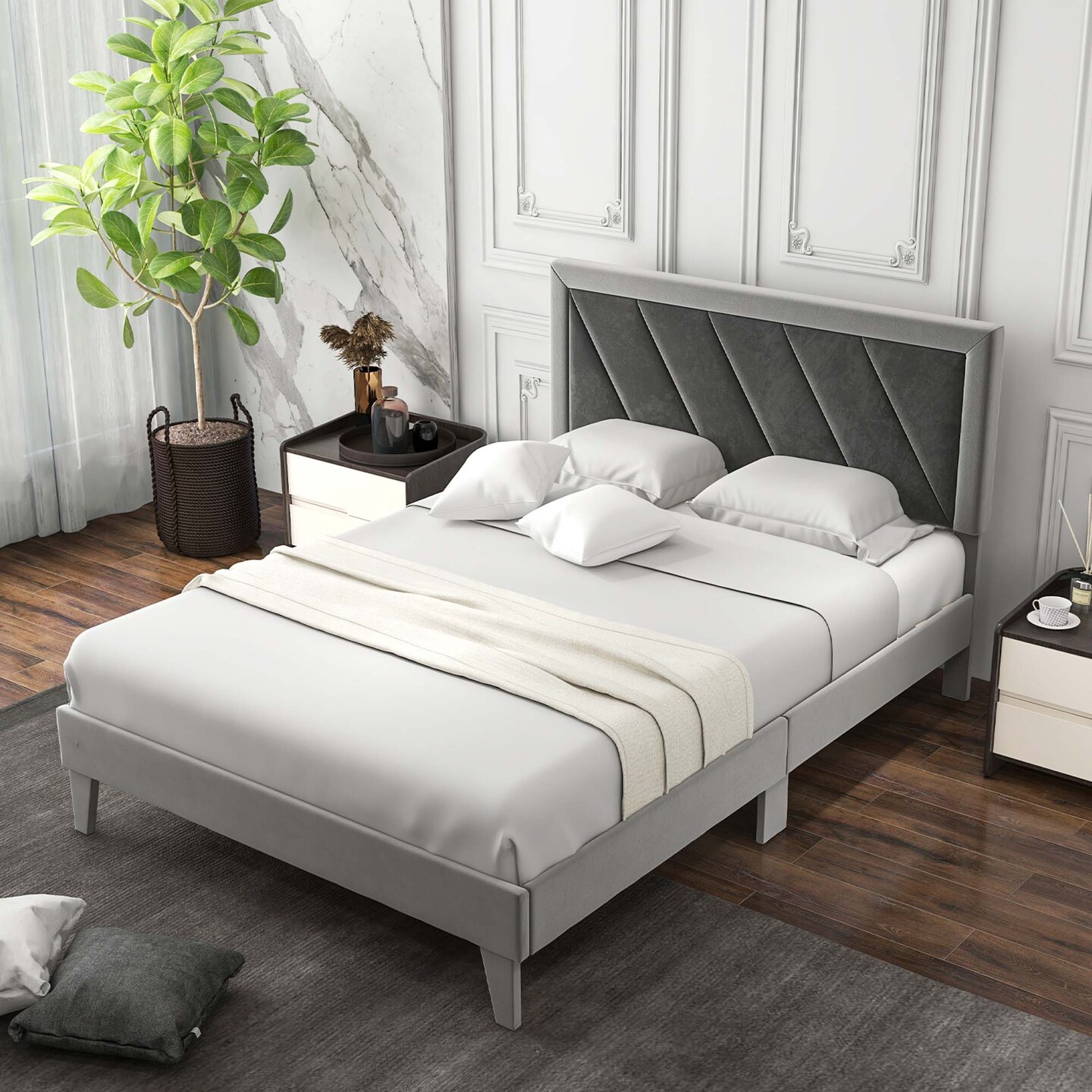 Costway Full/Queen/Twin Size Bed Frame Upholstered Platform Velvet Headboard Wooden Slats Gray