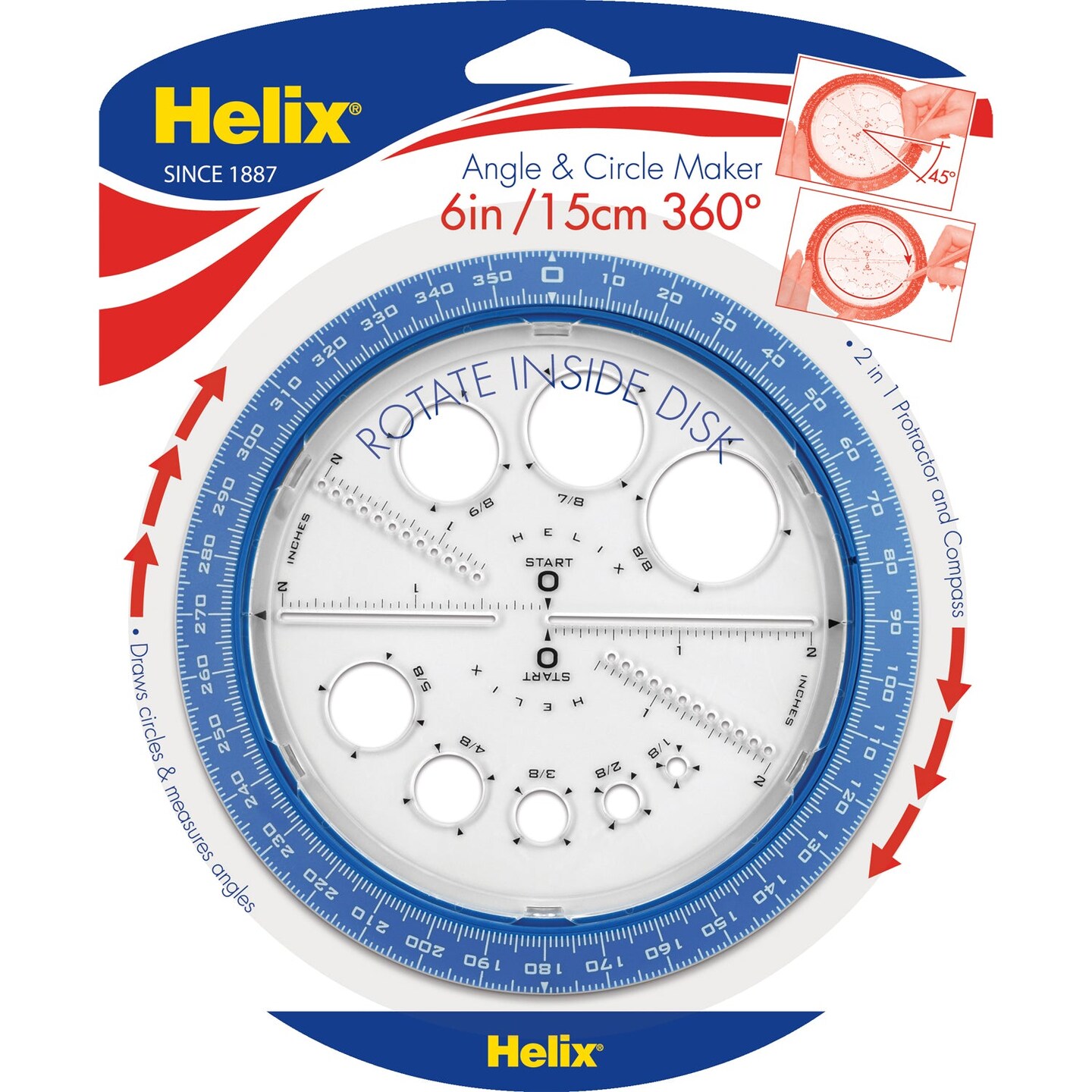 Angle &#x26; Circle Maker with Integrated Circle Templates, 360 Degree, 6 Inch/15cm, Assorted Colors