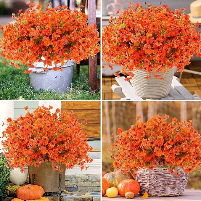 18 Pieces Artificial Mums Flowers Fake Outdoor Violet Flowers Plastic Eucalyptus Fall Flowers for Porch Window Box Farmhouse Thanksgiving Autumn Home Decor (18, Orange).