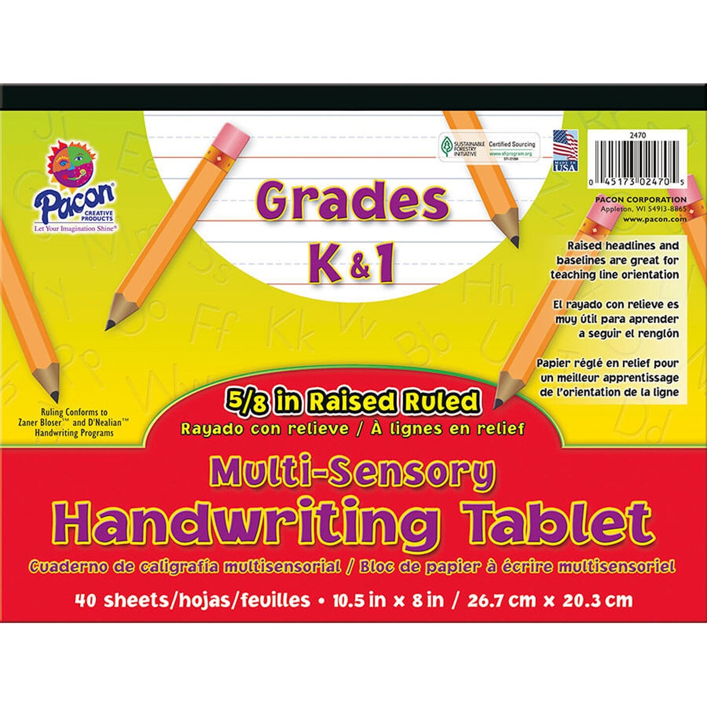 Multi-Sensory Raised Ruled Tablet, Tape Bound, 5/8&#x22; x 5/16&#x22; x 5/16&#x22; Ruled Long, 10-1/2&#x22; x 8&#x22;, 40 Sheets