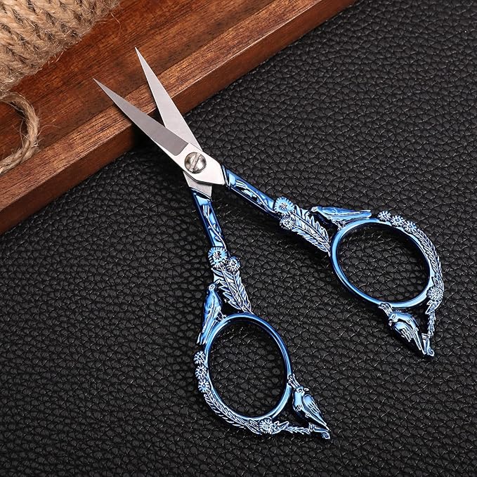 Scissors, Small Sharp Pointed Detail Shears for DIY Craft Needlework Yarn Sewing Cross Stitch Thread Cutting Handicraft Tool, 4.6 inches Blue Little Bird