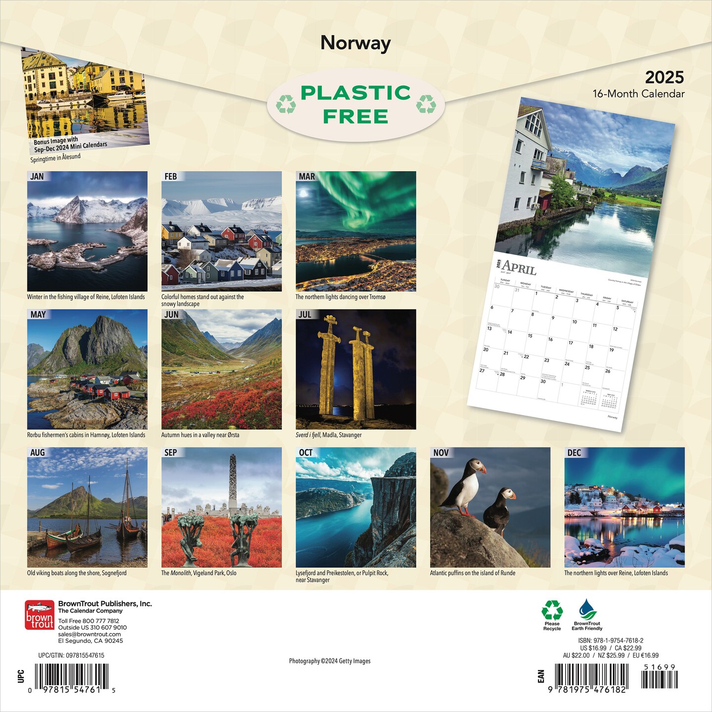 Norway | 2025 12 x 24 Inch Monthly Square Wall Calendar | Plastic-Free | BrownTrout | Travel Europe Scandinavian Fjords