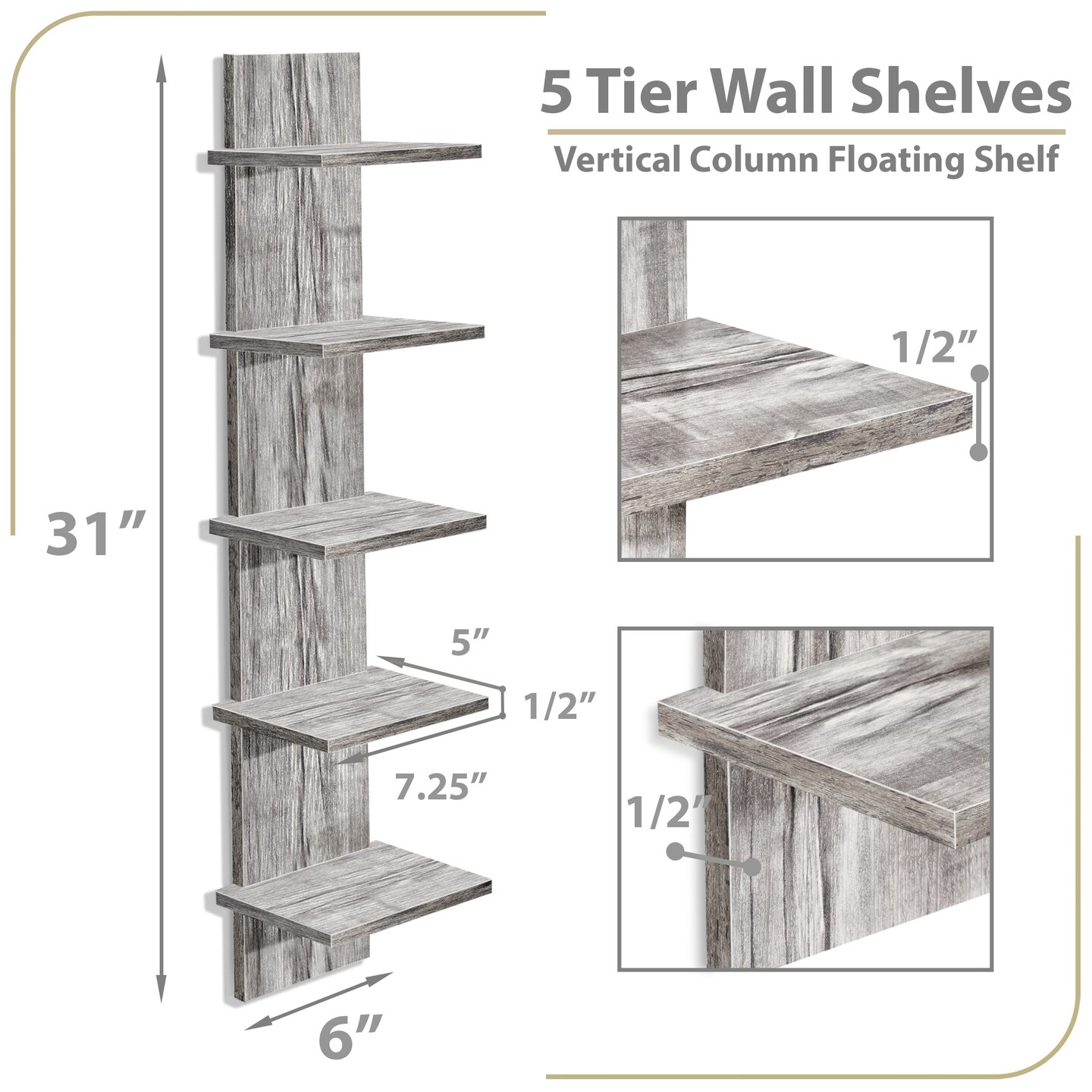 Sorbus 5 Tier Wall Shelf Unit, Vertical Column Utility Shelving for Home Decor and Storage Organizer, Wall-Mounted Floating Shelves