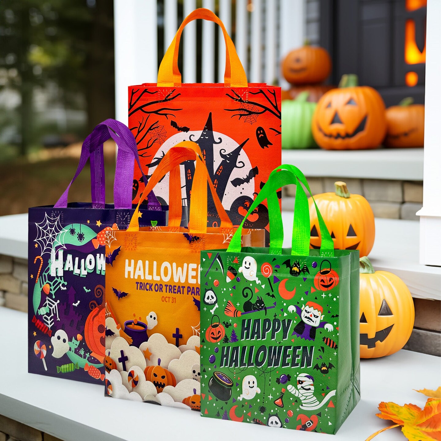 Wrapables Non-Woven Reusable Halloween Trick or Treat Bags with Handles for Parties, Gifts, Candy and Treats (Set of 8), Assorted