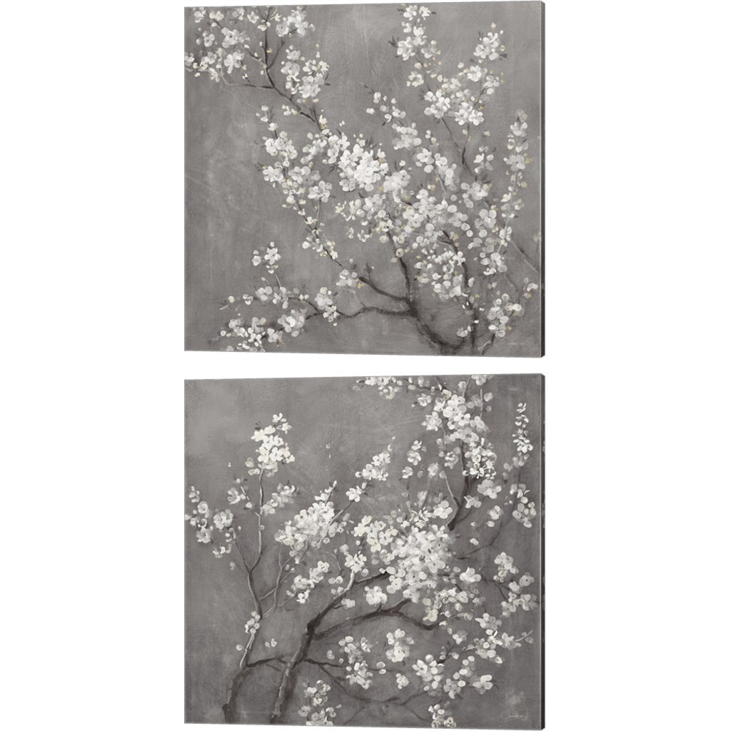 White Cherry Blossoms on Grey Crop by Danhui Nai 14" x 14" Canvas Wall Art (Set of 2)