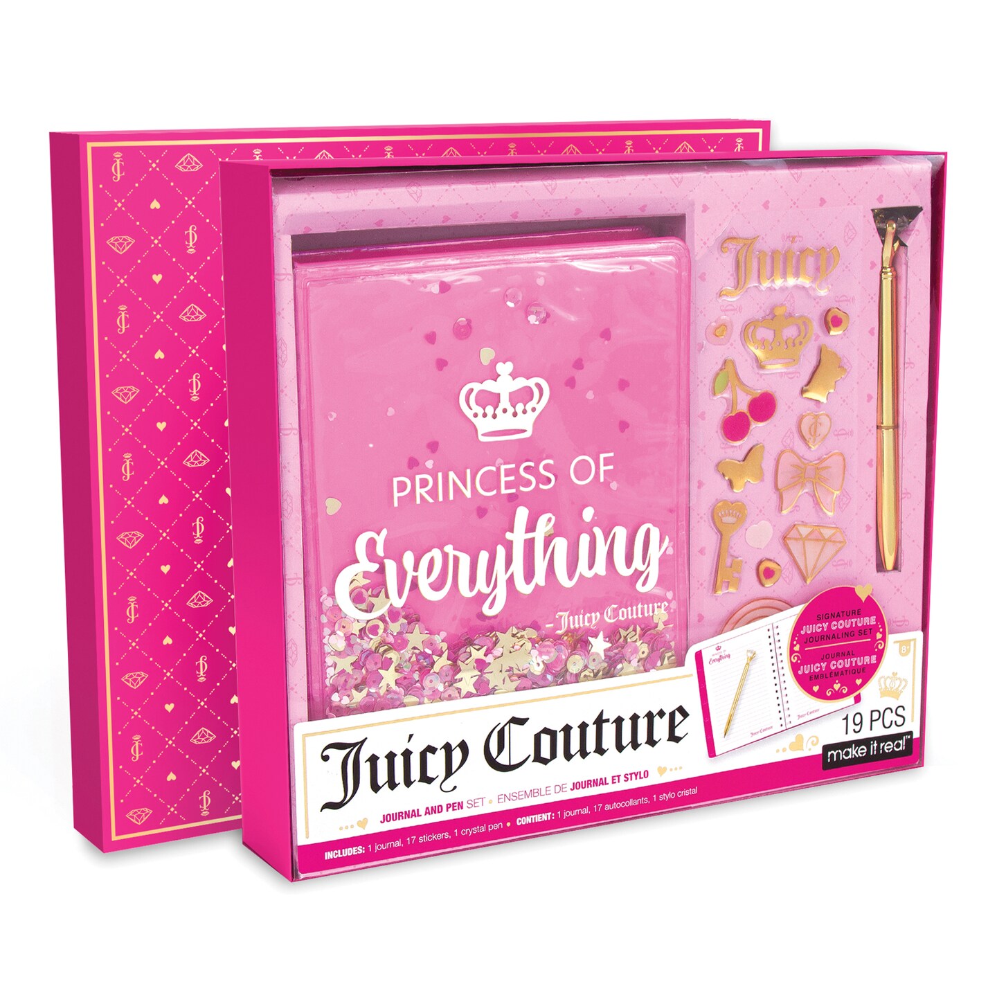 Juicy Couture Boxed Journal Pen Set - Princess of Everything, Pink &#x26; Gold Glitter, w/ Pen &#x26; Stickers