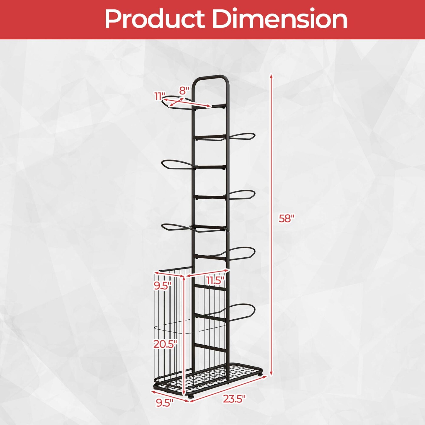 Costway 7-Tier Ball Storage Rack with 7 Removable Hanging Rods &#x26; Side Ball Basket Black