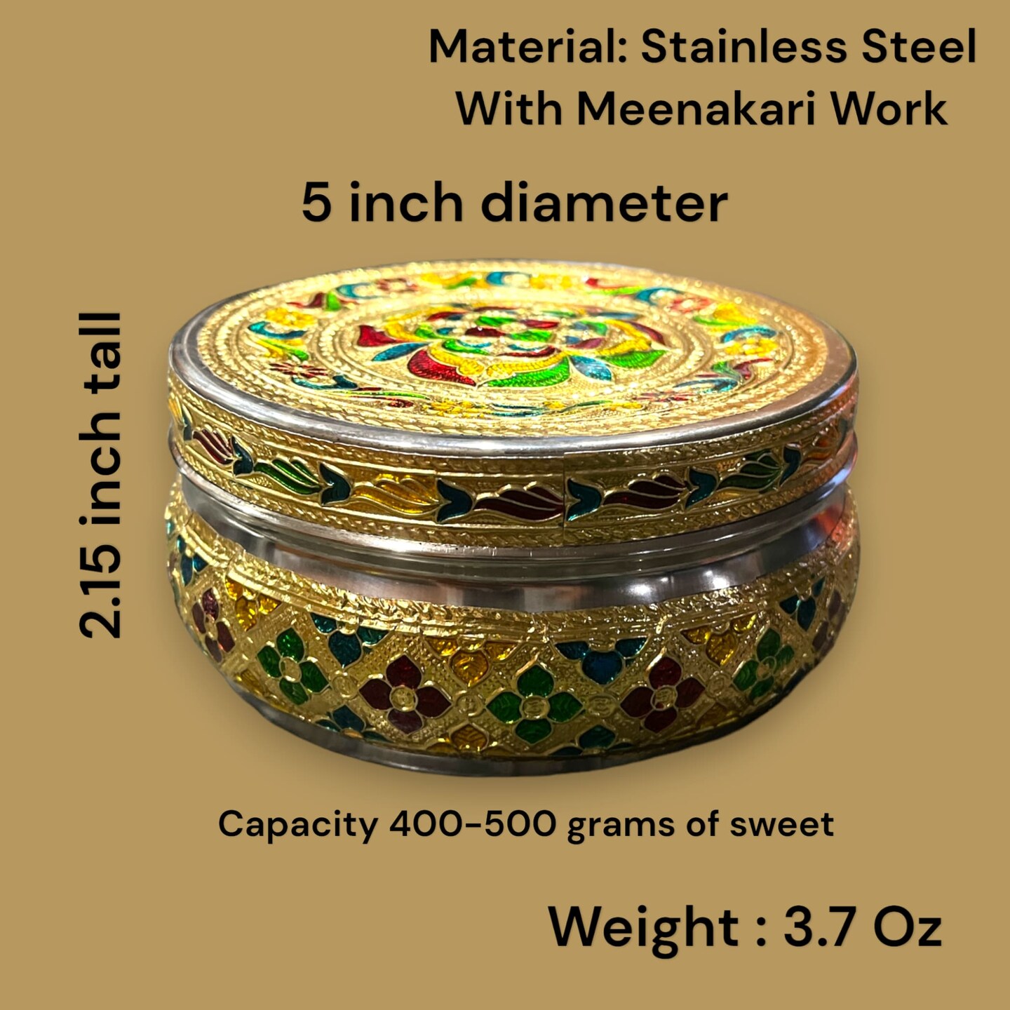 4 Ct Meenakari Stainless Steel Box Decorative Small Round Cookie Tin Indian Wedding Favor Container Dabba for Sweets Laddu Dryfruit Chocolate Multipurpose Storage Box - Housewarming Gift
