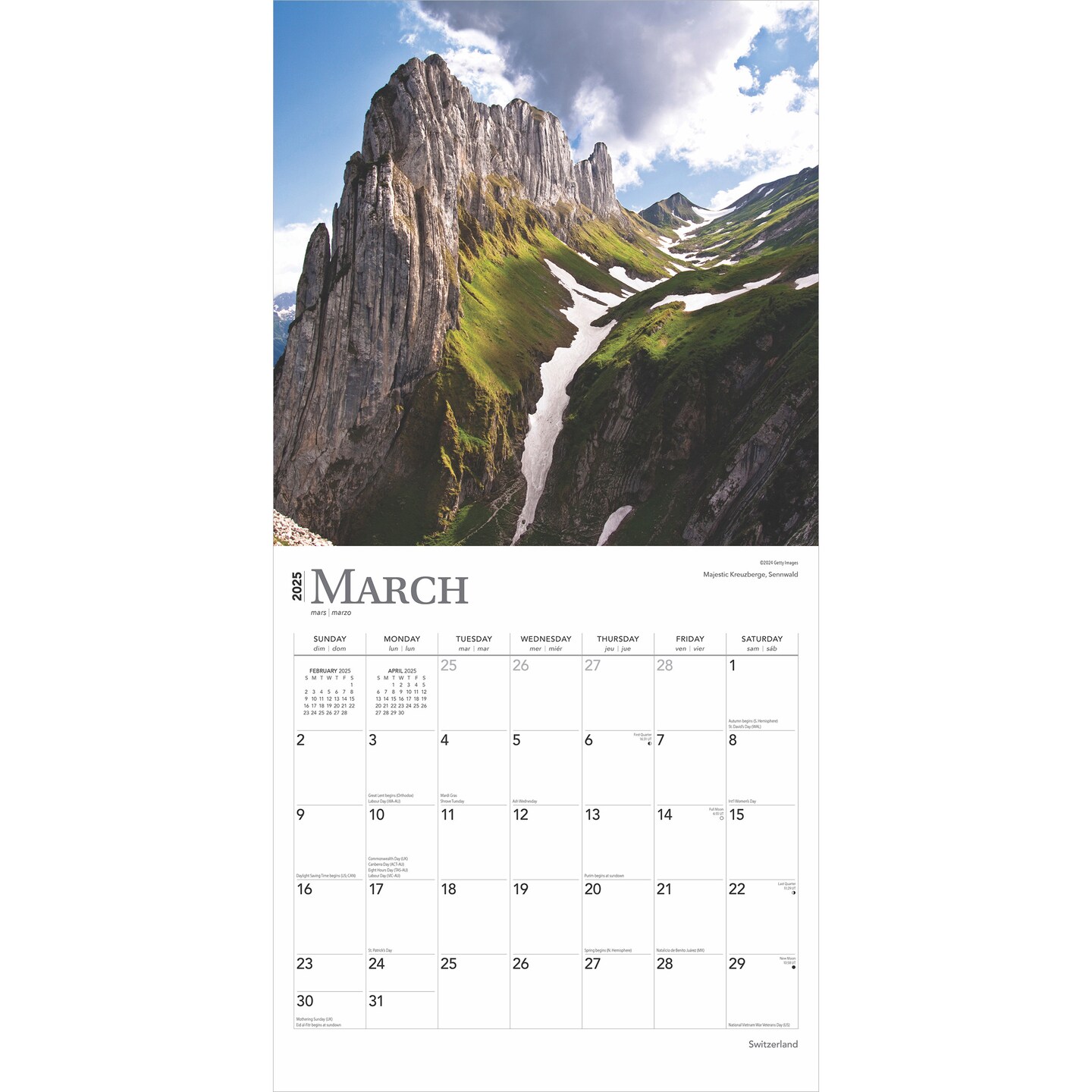Switzerland | 2025 12 x 24 Inch Monthly Square Wall Calendar | Plastic-Free | BrownTrout | Travel Europe Swiss Alps