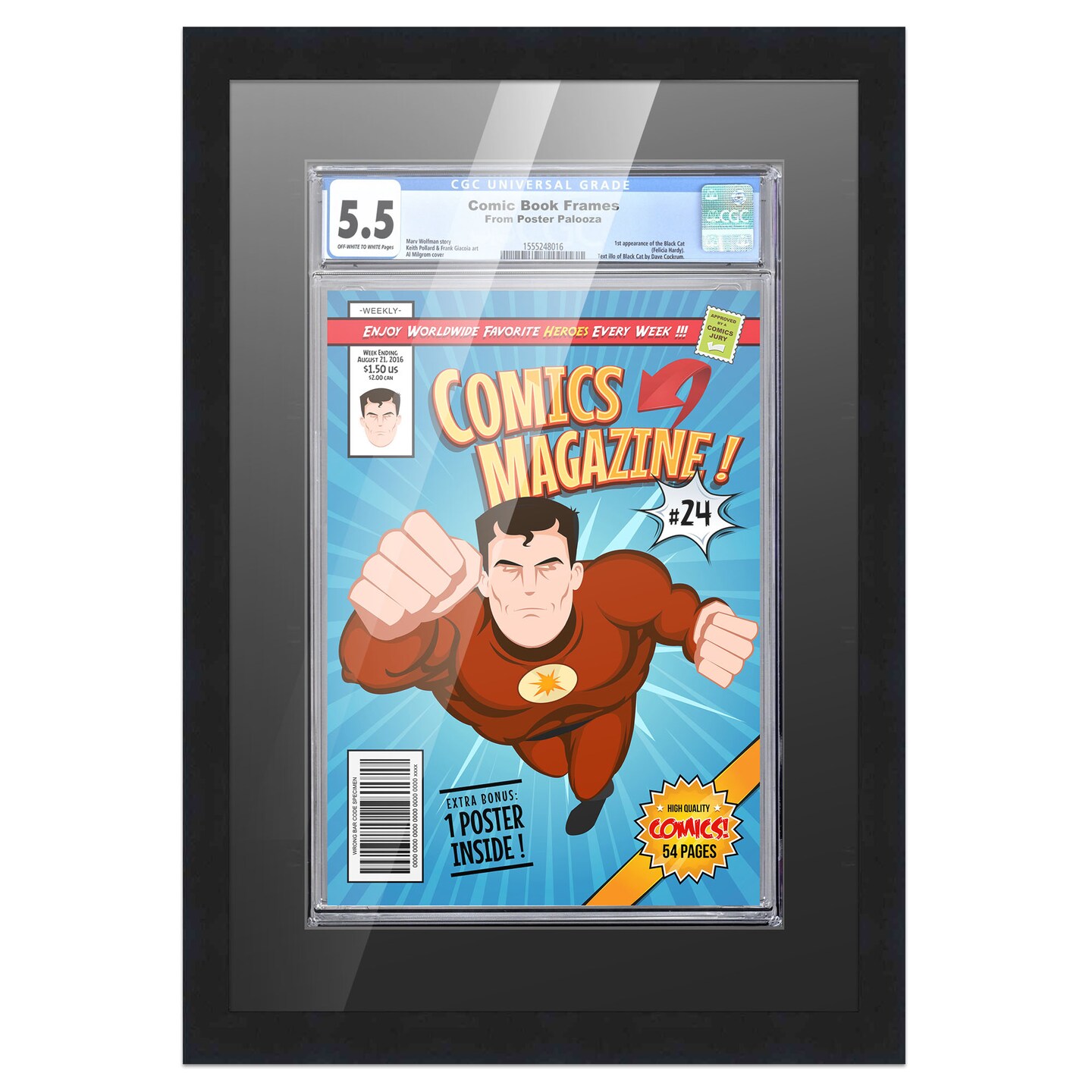 Comic Book Display Frame for CGC, PGX Graded, Slabed Comics - Black Wood Comic Frame With Black Mat for 8.125x13 Comics, 18 Frame Sizes