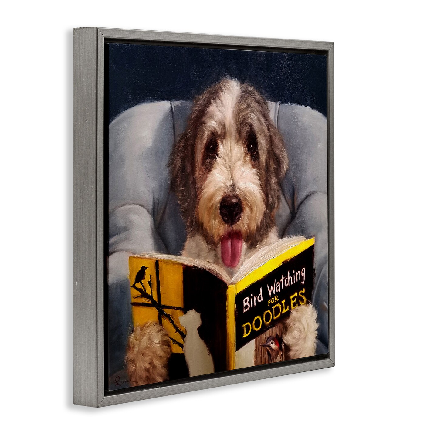 Stupell Industries Dog with Bird Watching Book Framed Floater Canvas Wall Art
