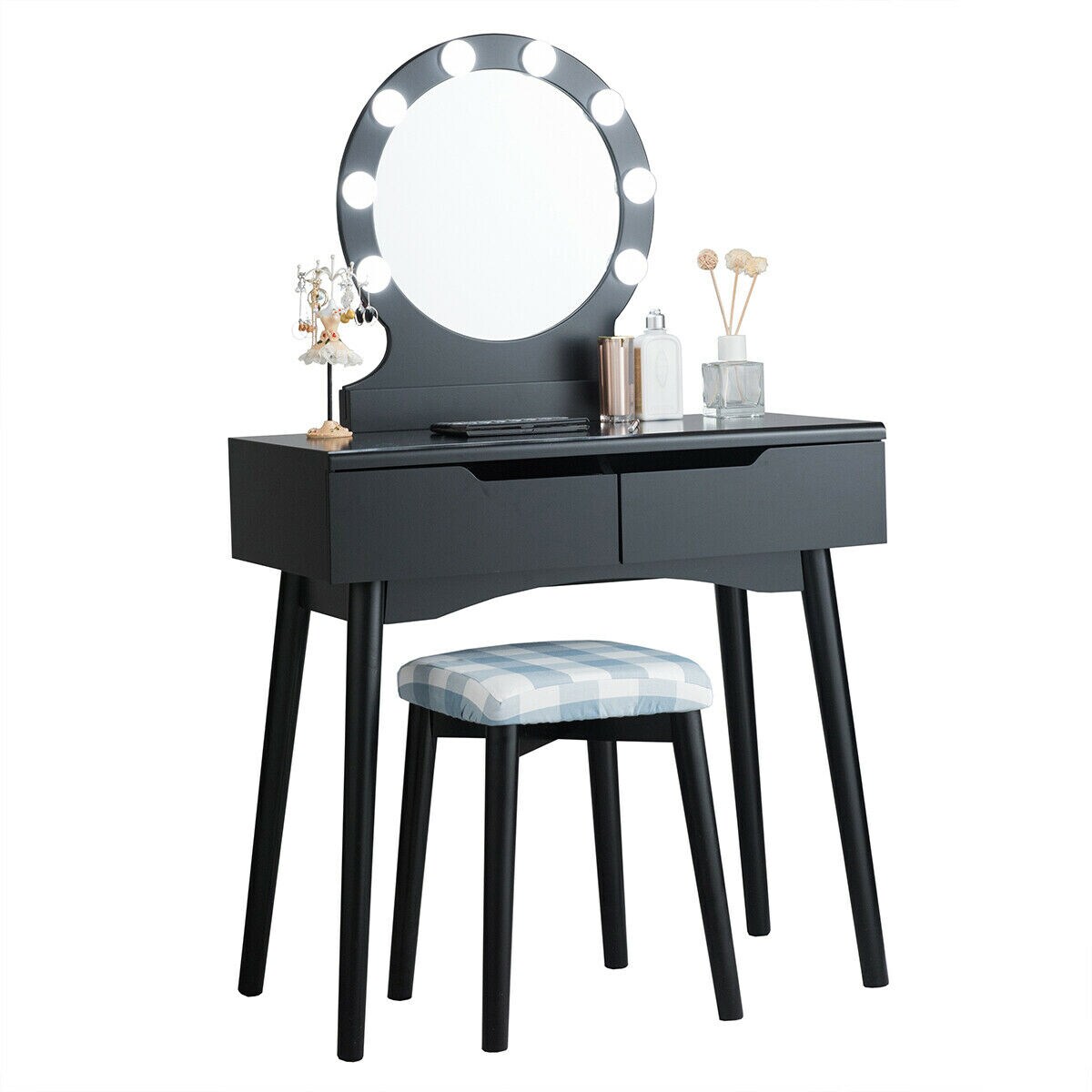 Makeup Vanity Table with Large Round Mirror 11 Bulbs and Storage Drawers