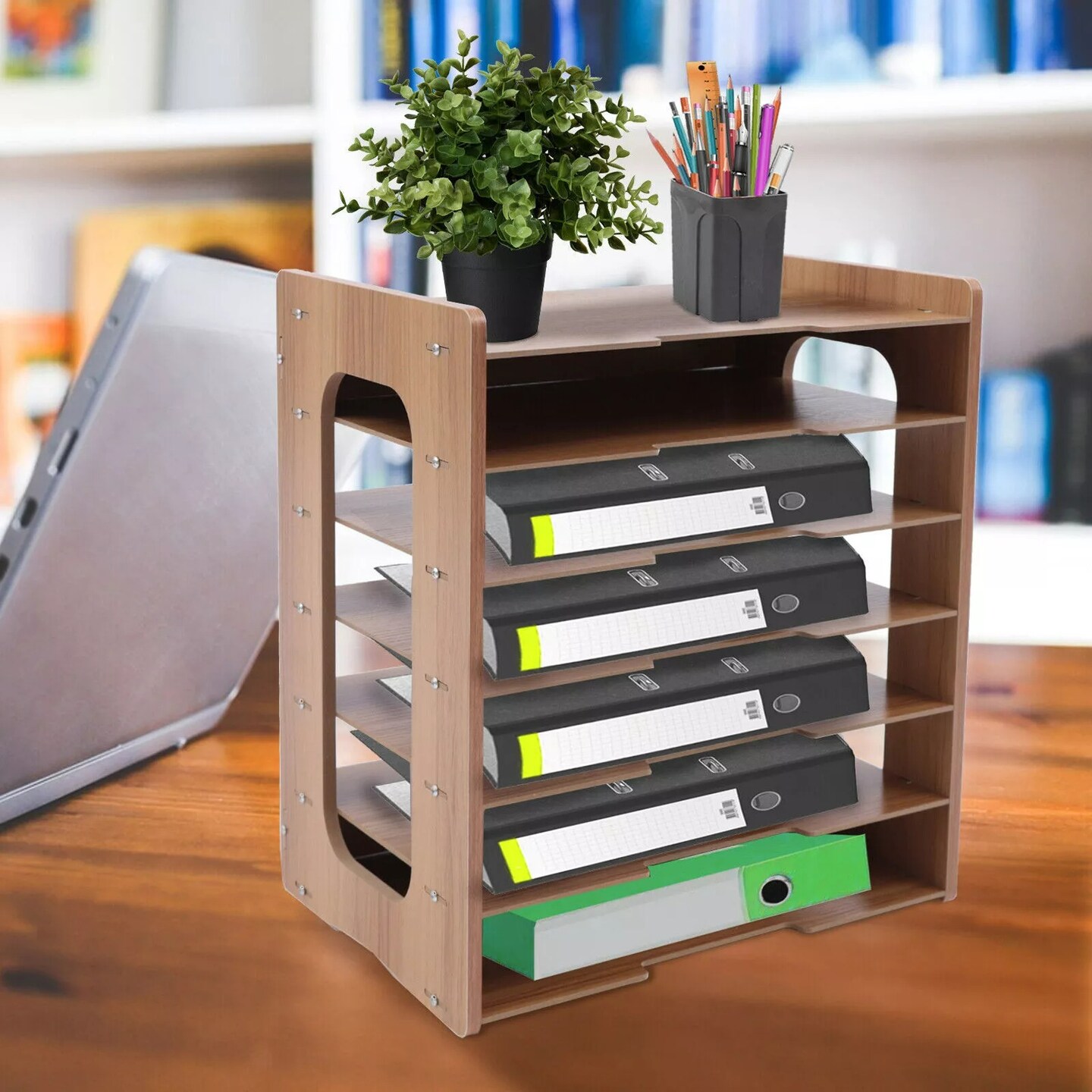 Wood Desktop Organizer Paper File Holder For Home & Office Document Storage Rack
