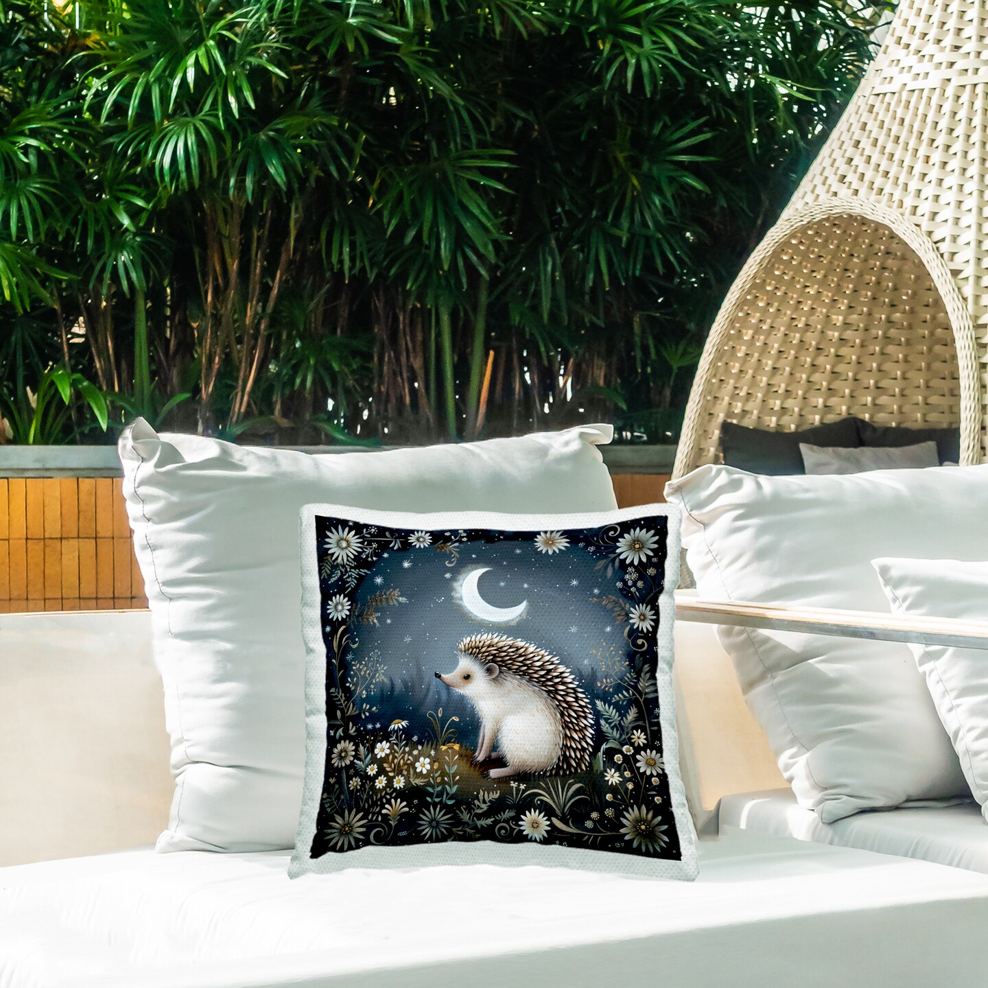 Hedgehog Under Forest Moon Outdoor Printed Pillow Design by The Dutch Lady, 18 x 7 x 18