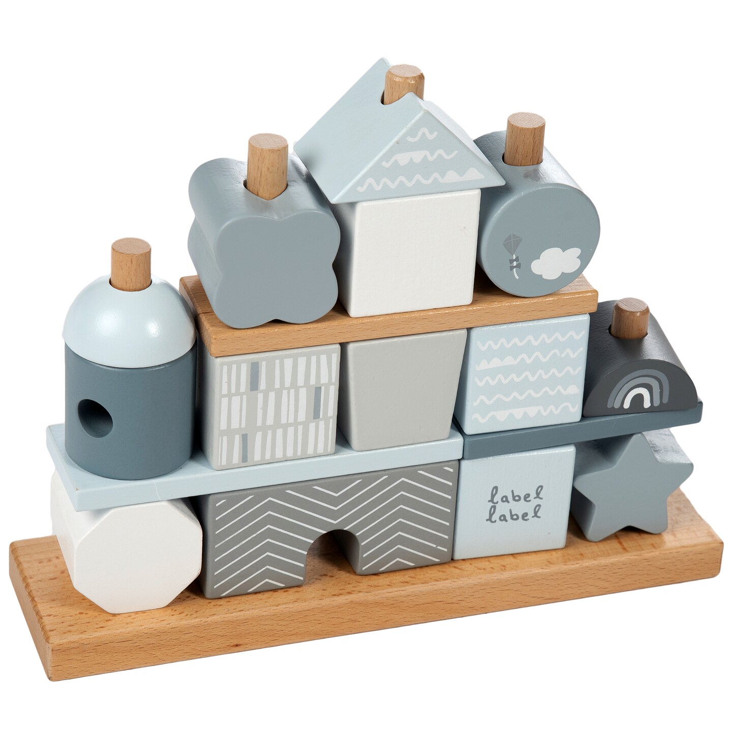 Label Label: Stacking Blocks House - Blue - Natural Wooden &#x26; Colored Blocks, Creative Building, Range of Shapes &#x26; Sizes, Storage Rack, Toddlers 18Mo+
