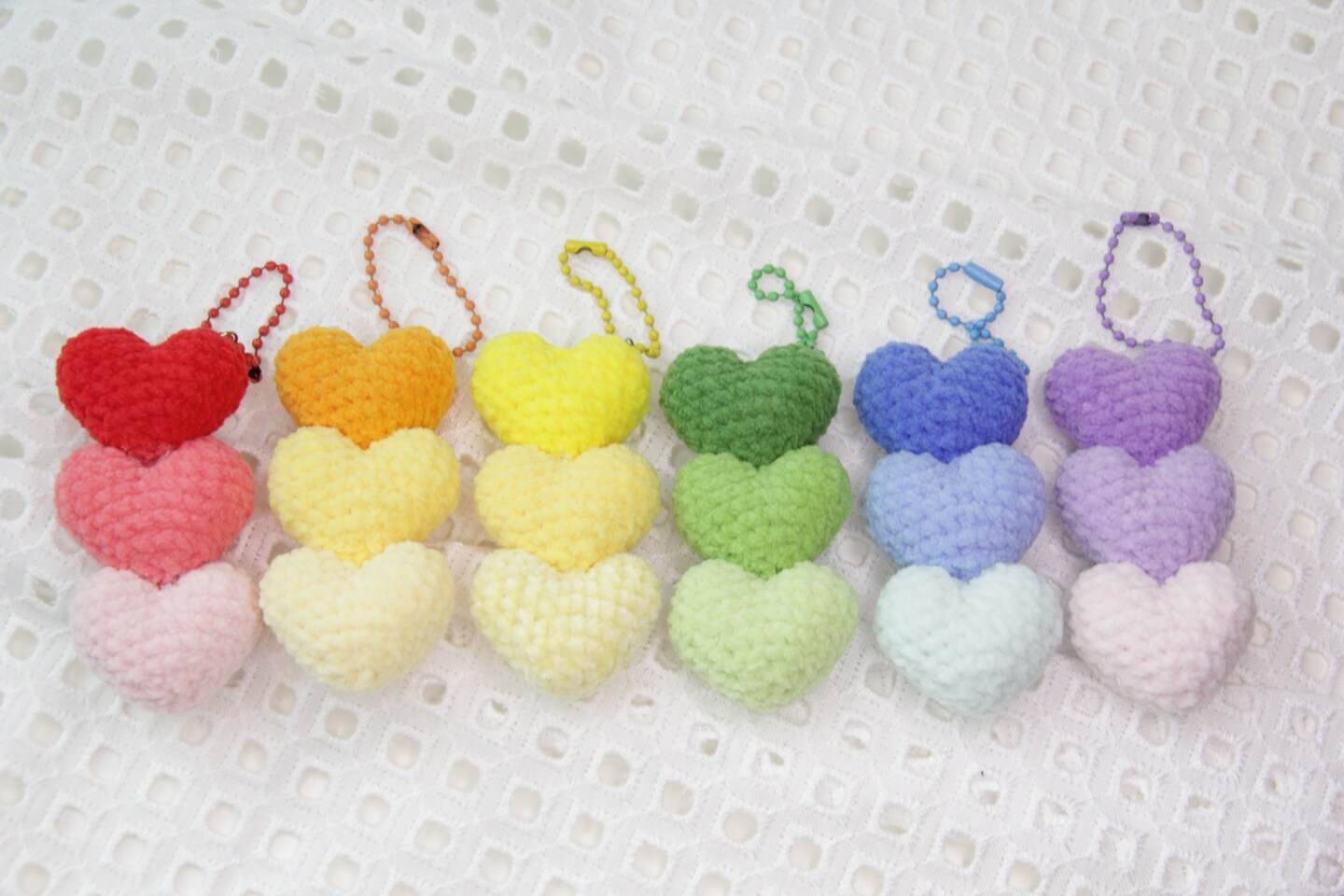 product name is Crochet Heart Charm - Keychain, Bag Pendant, Custom Color Options (3-Inch Velvet Yarn Heart)