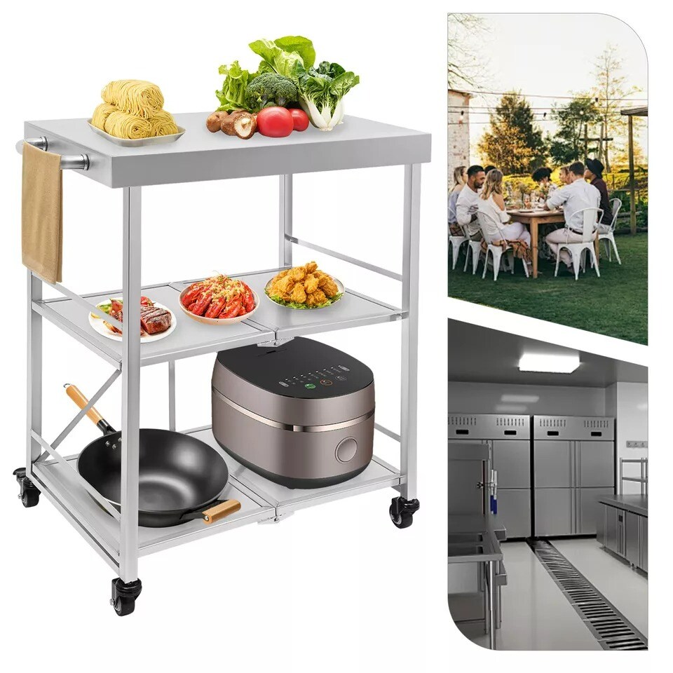 3 Tiers Utility Cart with Wheels Storage Shelf Kitchen Cart Fold Stainless Steel