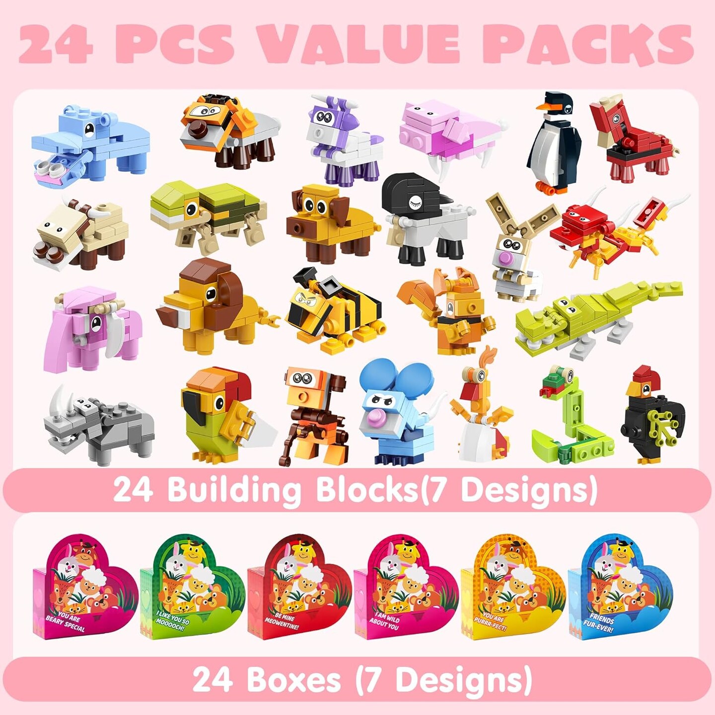 24 Packs Valentines Animal Building Blocks with Hearts Party Favors Boxes for Kids