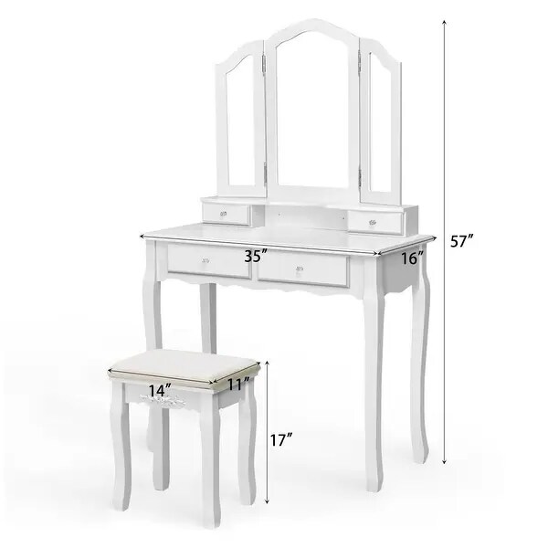 Tri Folding Mirror Vanity Table Stool Set with 4 Drawers and Cushioned Stool