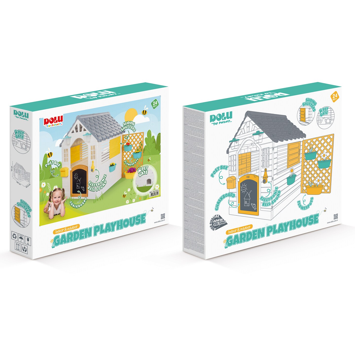 Dolu: Garden Playhouse With Fence - White-Grey-Yellow - Outdoor-Indoor Toy, Chalkboard Door, Durable Charming Design, Easy Assembly, Kids-Toddlers 2+