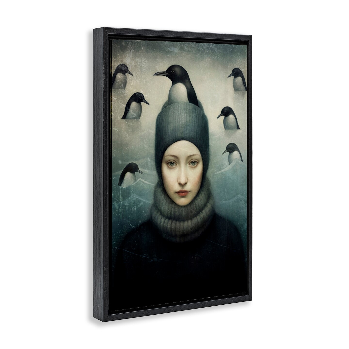 Stupell Industries Peeking Penguins & Woman Framed Floater Canvas Wall Art Design by Paula Belle Flores