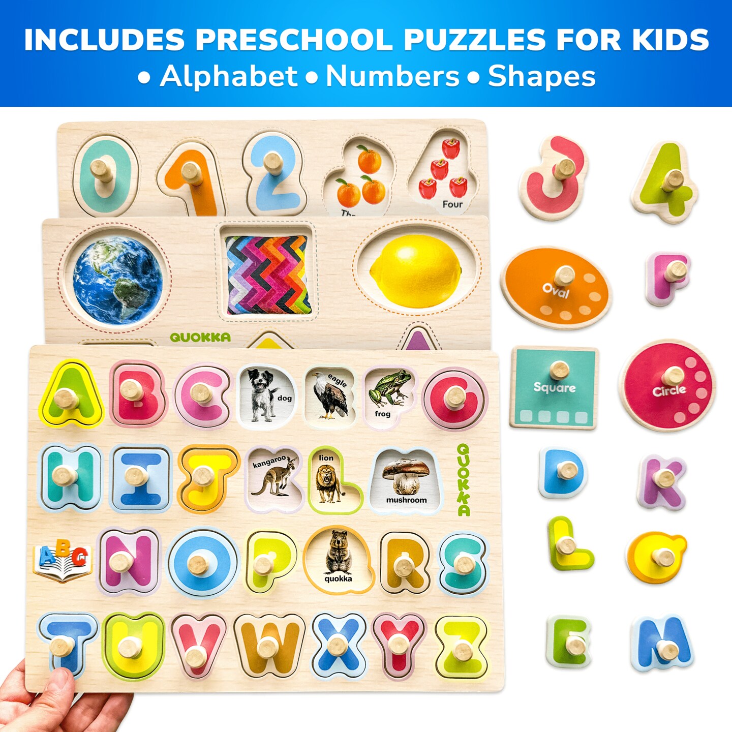 8 Pack Rack Wooden Puzzles for Toddlers| ABC, Numbers &#x26; Animals