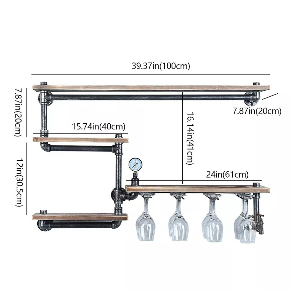 Industrial Wine Racks with 4 Stem Glass Holder Wall Mounted Rustic Metal Shelf