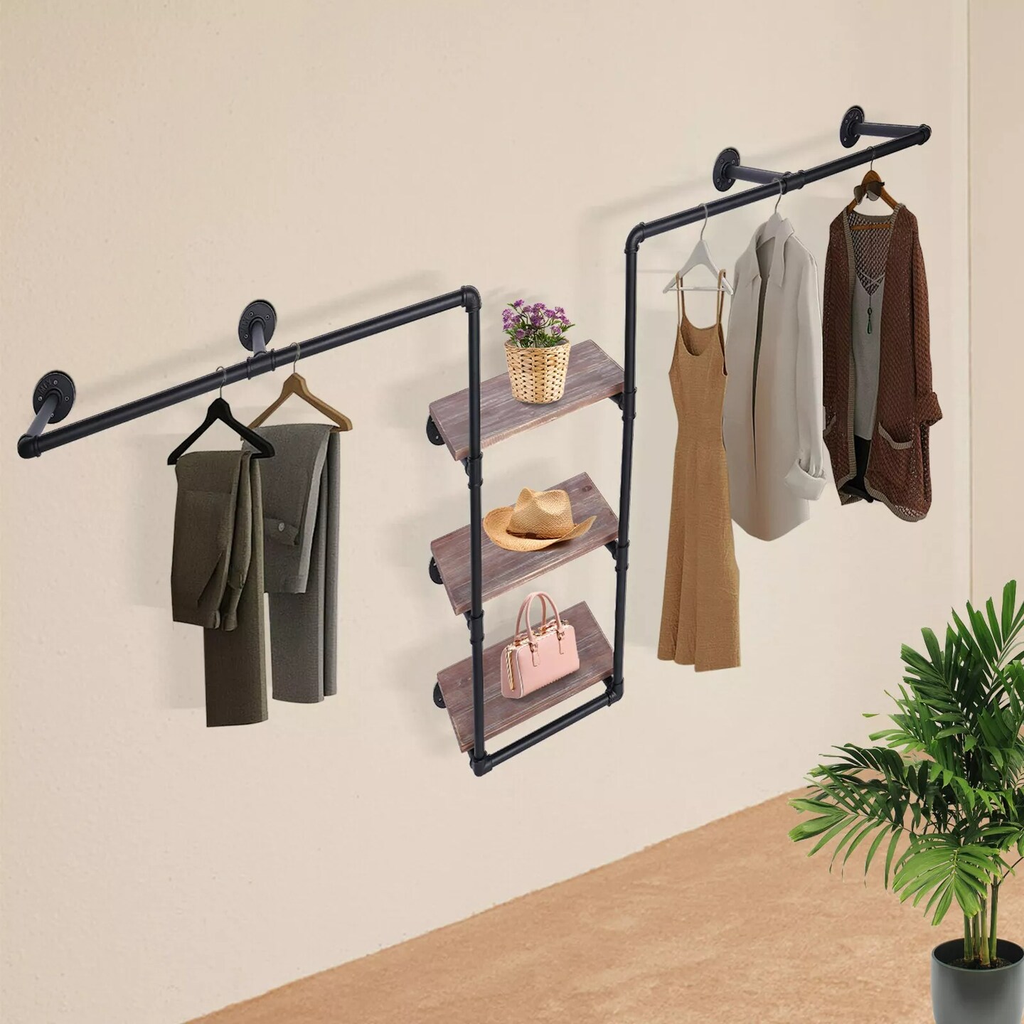 Industrial Pipe Clothing Rack Wall Mount Clothing Rack with Storage Shelves