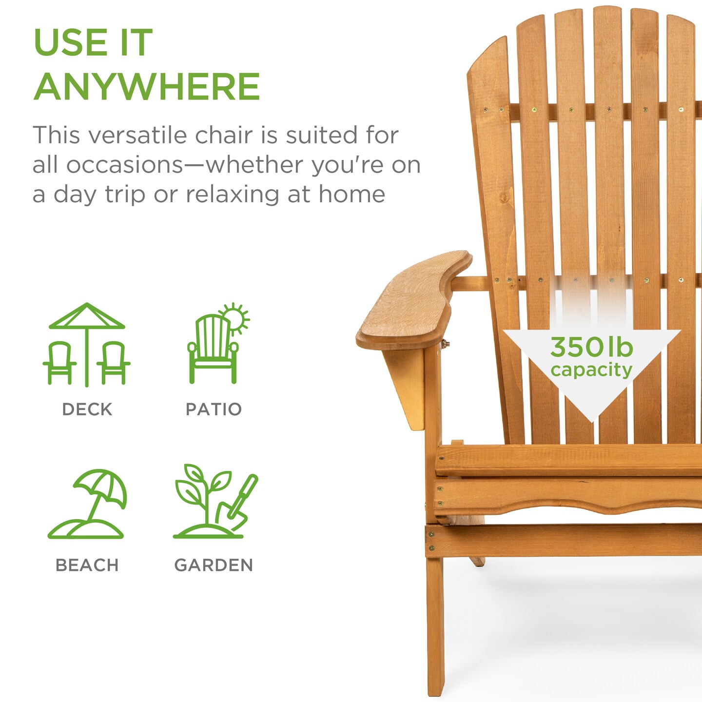 Best Choice Products Folding Adirondack Chair Outdoor, Wooden Accent Lounge Furniture w/ 350lb Capacity