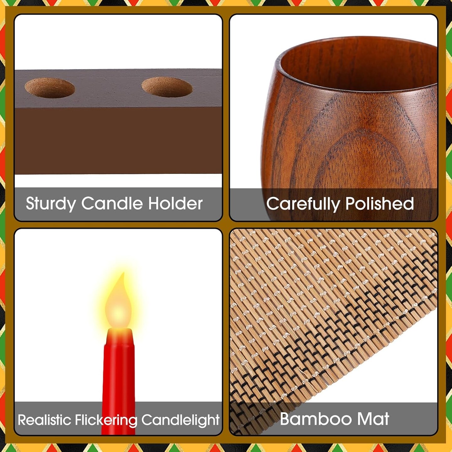 10 Pieces Kwanzaa Kinara Candles Set Flameless Battery Operated Kwanzaa LED Taper Candles with Candle Holder Wooden Wine Goblet Bamboo Table Mat for Kwanzaa Celebration Decoration